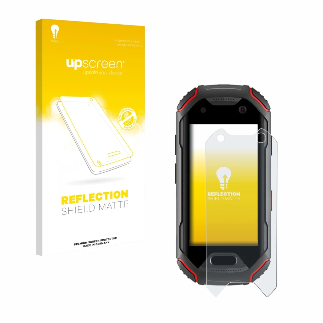 Vorderseite einer Produktverpackung mit dem Markenlogo upscreen. Daneben ist das Gerät Unihertz Atom mit dem zugehörigen Displ