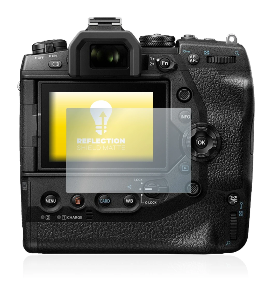 Abbildung des Geräts Olympus OM-D E-M1X mit einer Vielzahl des Displayschutzes.