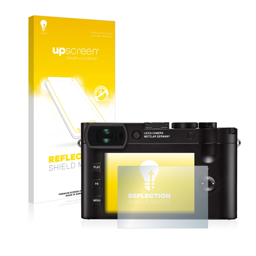 Vorderseite einer Produktverpackung mit dem Markenlogo upscreen. Daneben ist das Gerät Leica Q2 mit dem zugehörigen Displaysch