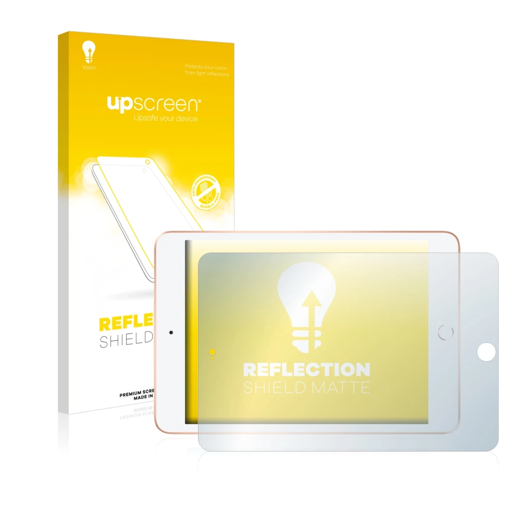 Vorderseite einer Produktverpackung mit dem Markenlogo upscreen. Daneben ist das Gerät Apple iPad Mini 5 2019 (im Querformat, 