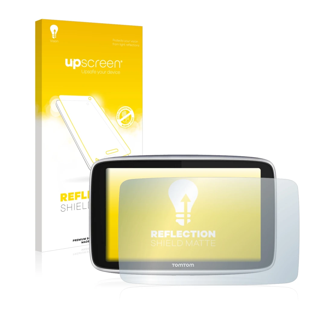 Vorderseite einer Produktverpackung mit dem Markenlogo upscreen. Daneben ist das Gerät TomTom GO Premium (5