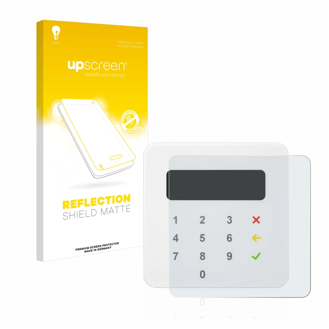 Vorderseite einer Produktverpackung mit dem Markenlogo upscreen. Daneben ist das Gerät SumUp Air mit dem zugehörigen Displaysc