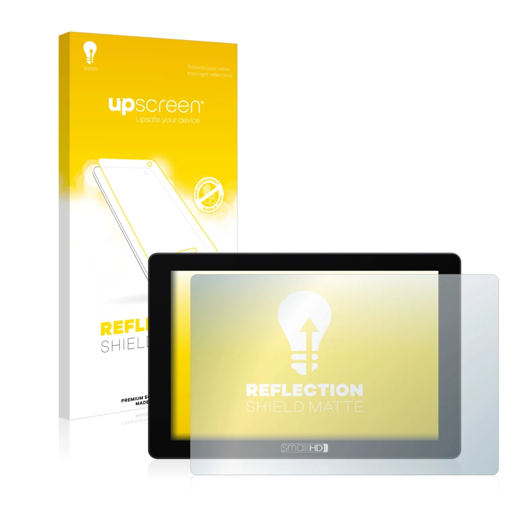 Vorderseite einer Produktverpackung mit dem Markenlogo upscreen. Daneben ist das Gerät SmallHD 702 Touch mit dem zugehörigen D