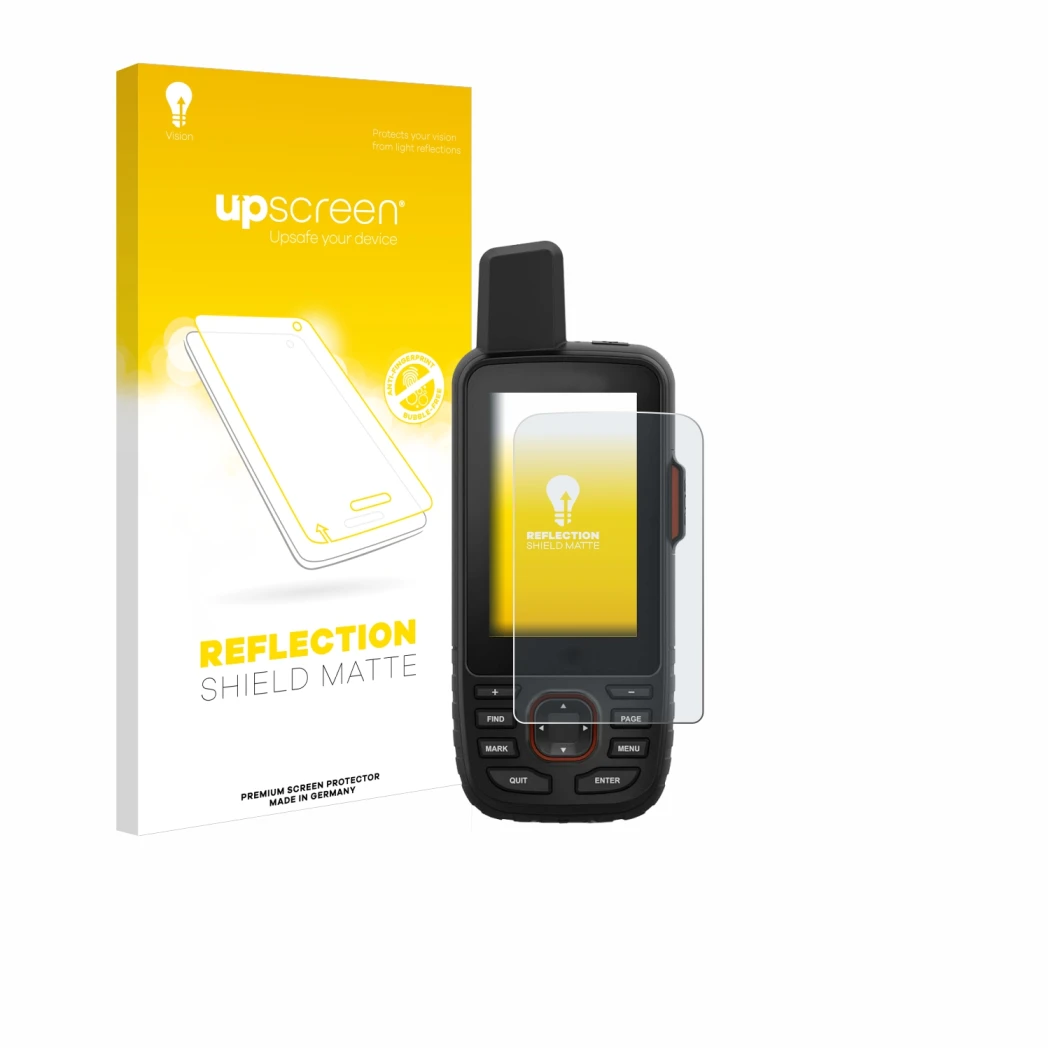 Vorderseite einer Produktverpackung mit dem Markenlogo upscreen. Daneben ist das Gerät Garmin GPSMAP 66i mit dem zugehörigen D