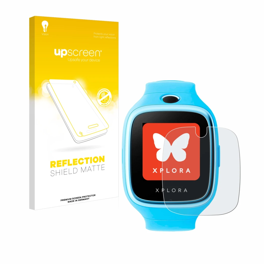 Vorderseite einer Produktverpackung mit dem Markenlogo upscreen. Daneben ist das Gerät Xplora Go mit dem zugehörigen Displaysc