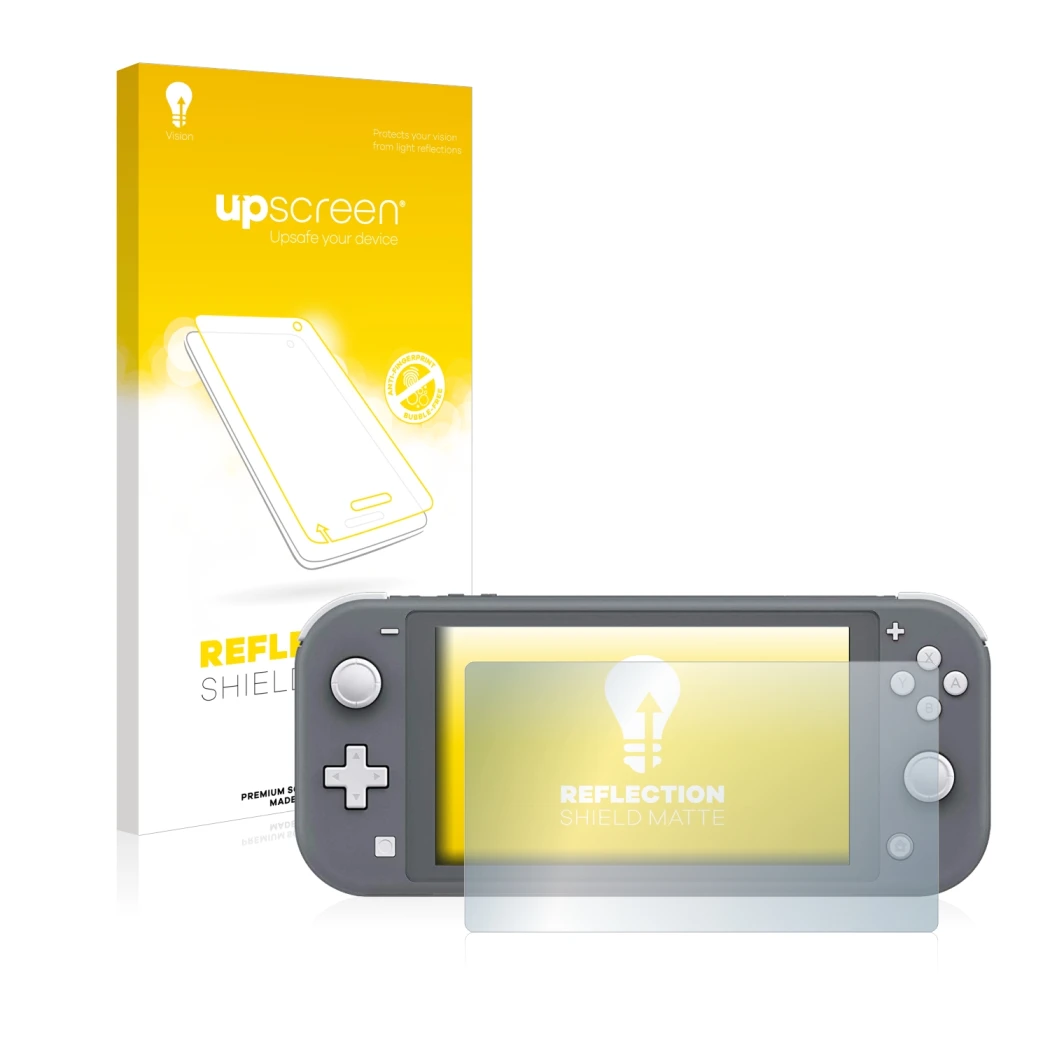 Vorderseite einer Produktverpackung mit dem Markenlogo upscreen. Daneben ist das Gerät Nintendo Switch Lite mit dem zugehörige