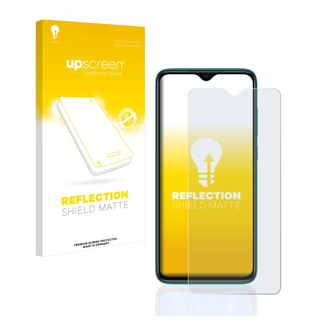 Vorderseite einer Produktverpackung mit dem Markenlogo upscreen. Daneben ist das Gerät Xiaomi Redmi Note 8 Pro mit dem zugehör