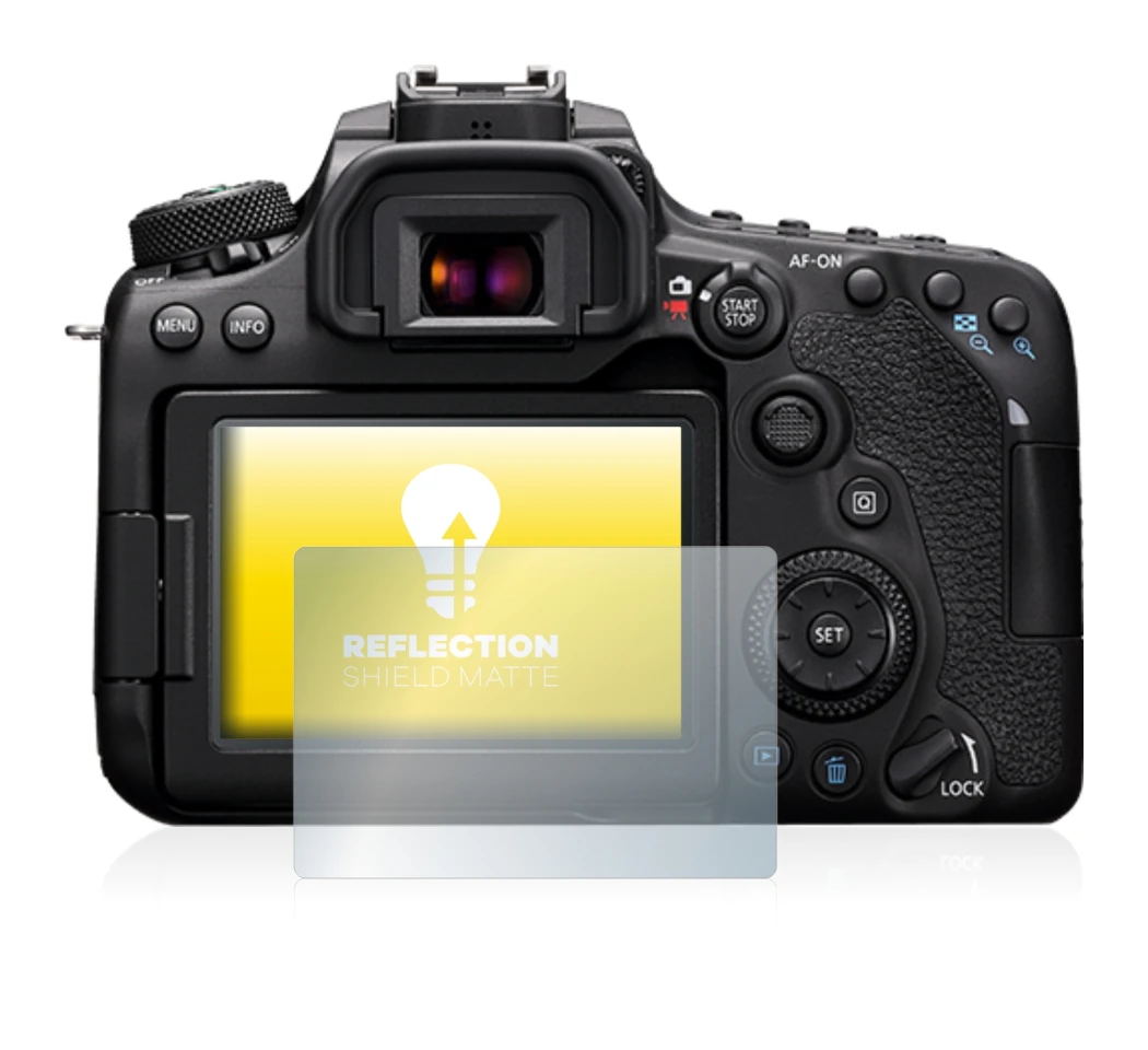 Abbildung des Geräts Canon EOS 90D mit einer Vielzahl des Displayschutzes.