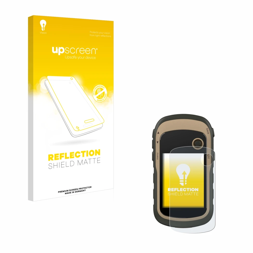 Vorderseite einer Produktverpackung mit dem Markenlogo upscreen. Daneben ist das Gerät Garmin eTrex 32x mit dem zugehörigen Di