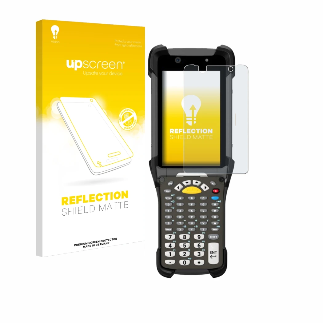 Vorderseite einer Produktverpackung mit dem Markenlogo upscreen. Daneben ist das Gerät Zebra MC9300 mit dem zugehörigen Displa