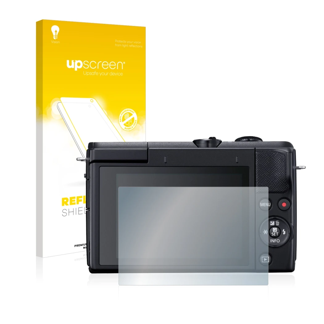 Vorderseite einer Produktverpackung mit dem Markenlogo upscreen. Daneben ist das Gerät Canon EOS M200 mit dem zugehörigen Disp