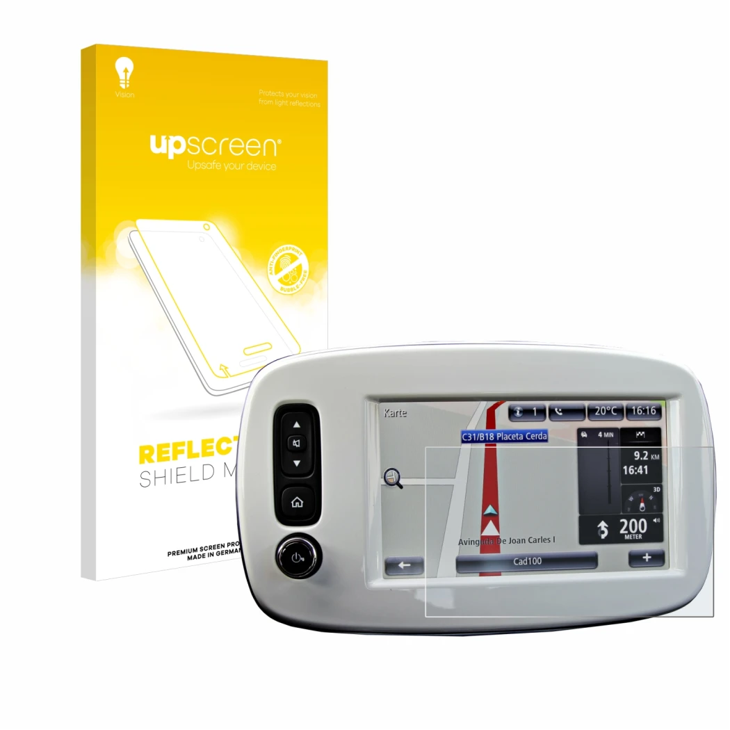 Vorderseite einer Produktverpackung mit dem Markenlogo upscreen. Daneben ist das Gerät TomTom Smart 453 2018 mit dem zugehörig