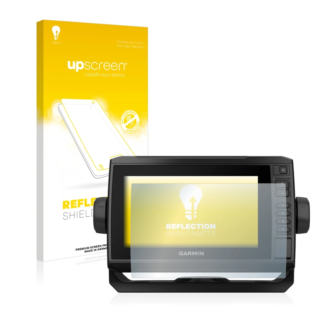 Vorderseite einer Produktverpackung mit dem Markenlogo upscreen. Daneben ist das Gerät Garmin ECHOMAP UHD 72cv mit dem zugehör