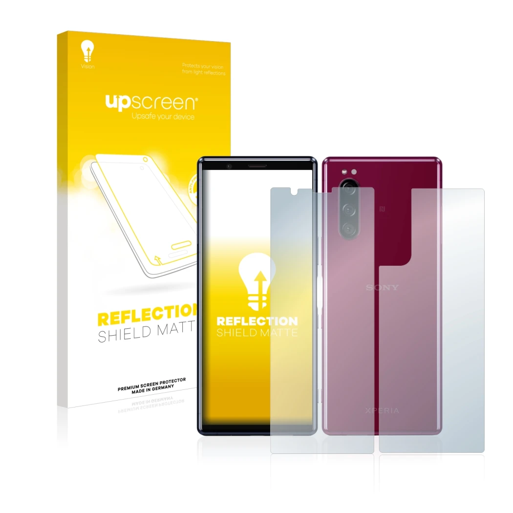 Vorderseite einer Produktverpackung mit dem Markenlogo upscreen. Daneben ist das Gerät Sony Xperia 5 (Display+Rückseite) mit d