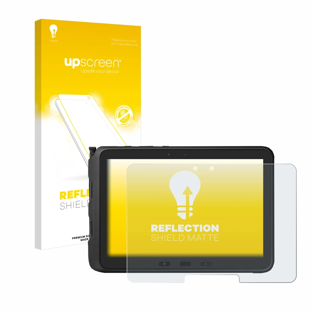Vorderseite einer Produktverpackung mit dem Markenlogo upscreen. Daneben ist das Gerät Samsung Galaxy Tab Active Pro mit dem z