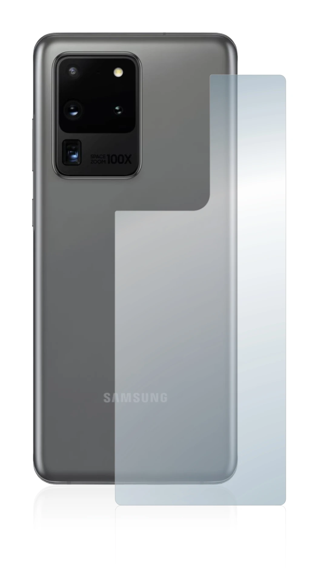 Abbildung des Geräts Samsung Galaxy S20 Ultra (Rückseite) mit einer Vielzahl des Displayschutzes.