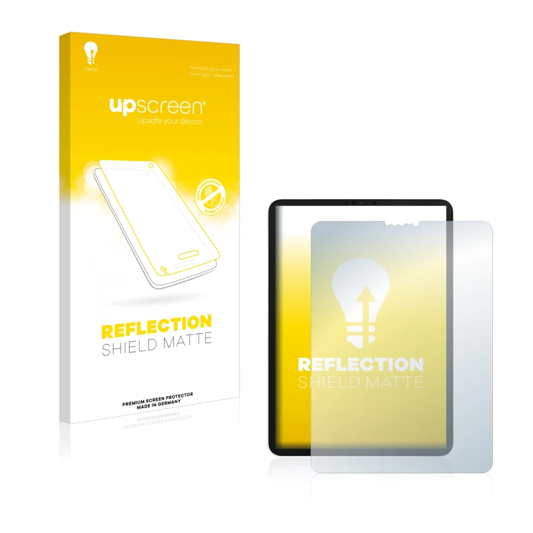 Vorderseite einer Produktverpackung mit dem Markenlogo upscreen. Daneben ist das Gerät Apple iPad Pro 11