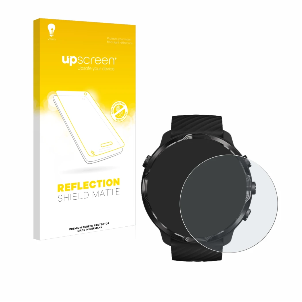 Vorderseite einer Produktverpackung mit dem Markenlogo upscreen. Daneben ist das Gerät Suunto 7 mit dem zugehörigen Displaysch