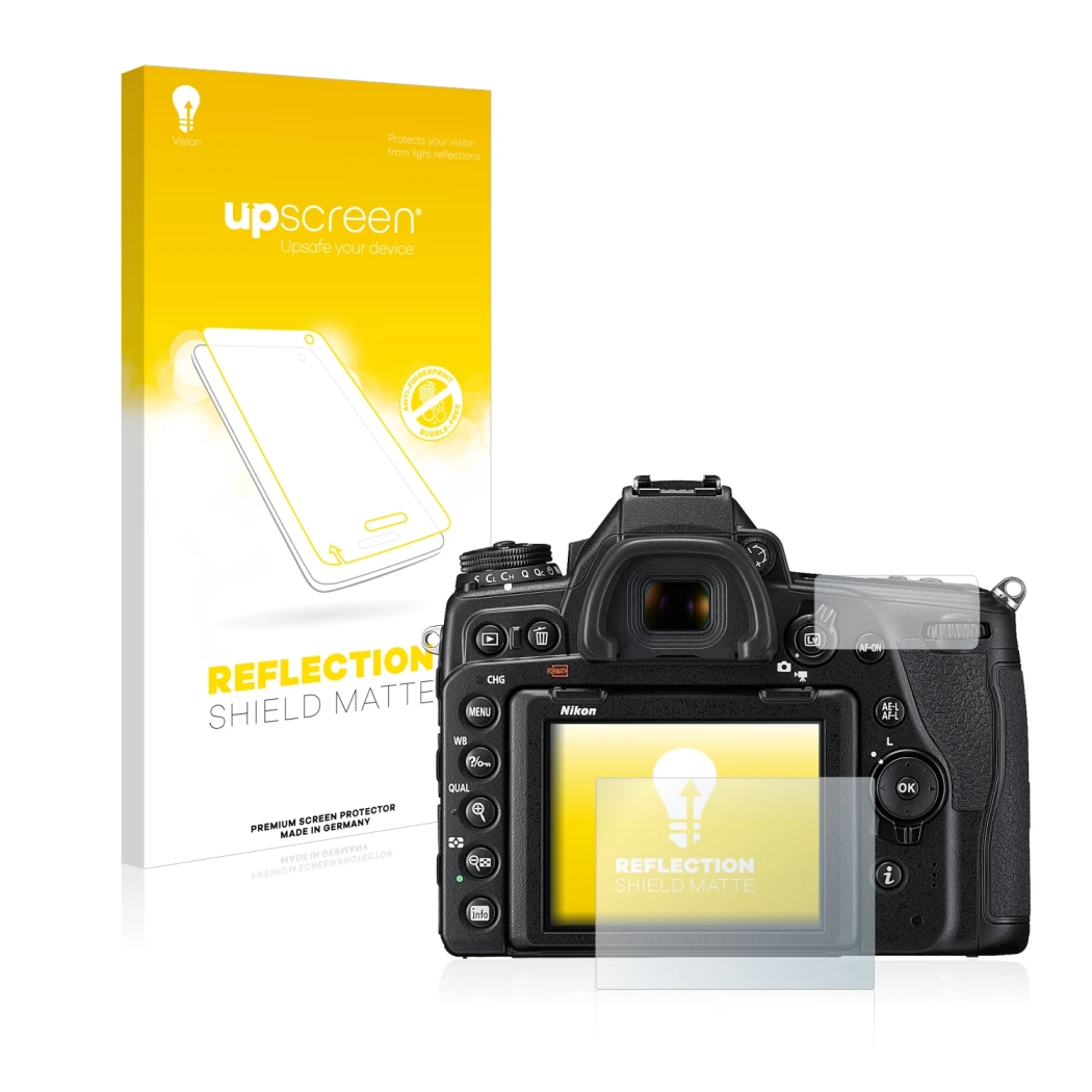 Vorderseite einer Produktverpackung mit dem Markenlogo upscreen. Daneben ist das Gerät Nikon D780 mit dem zugehörigen Displays