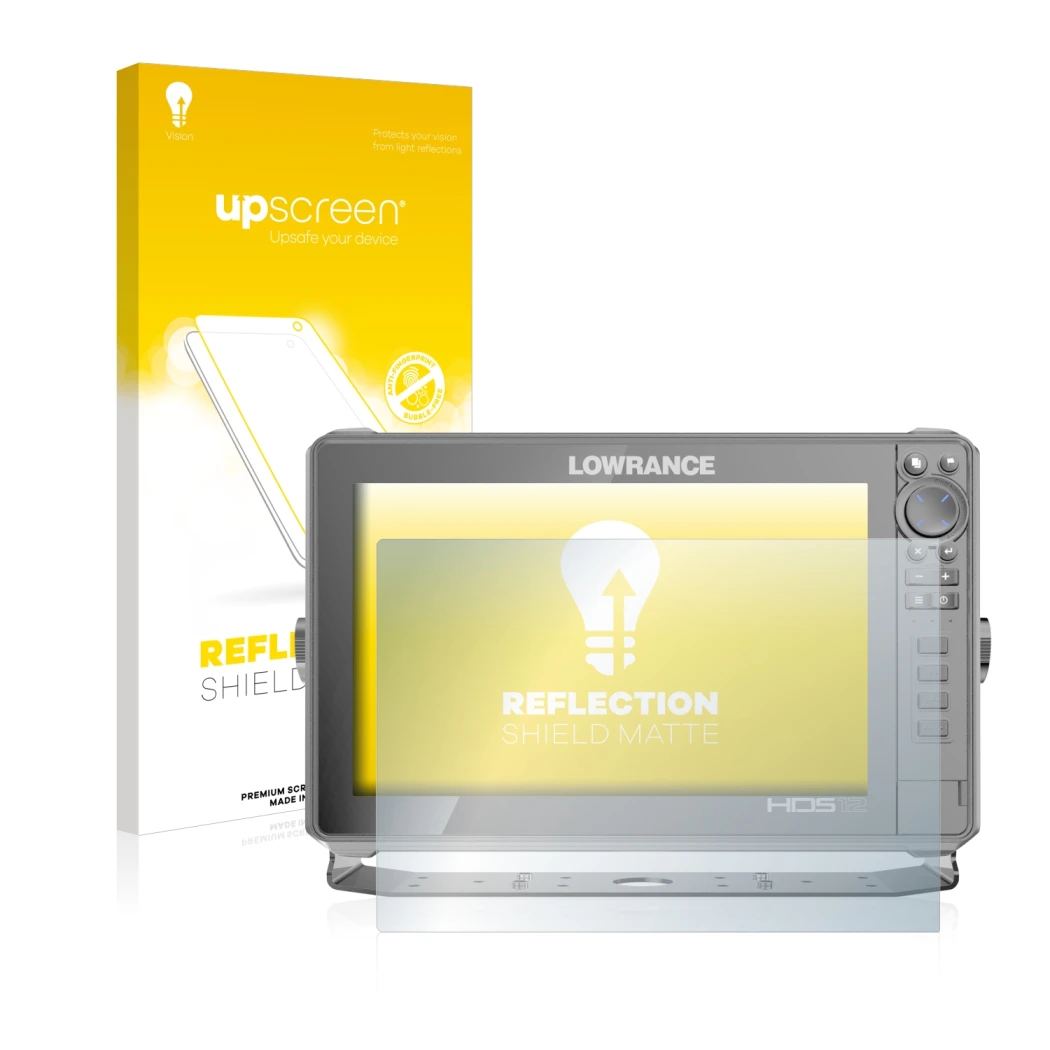 Vorderseite einer Produktverpackung mit dem Markenlogo upscreen. Daneben ist das Gerät Lowrance HDS Live 12