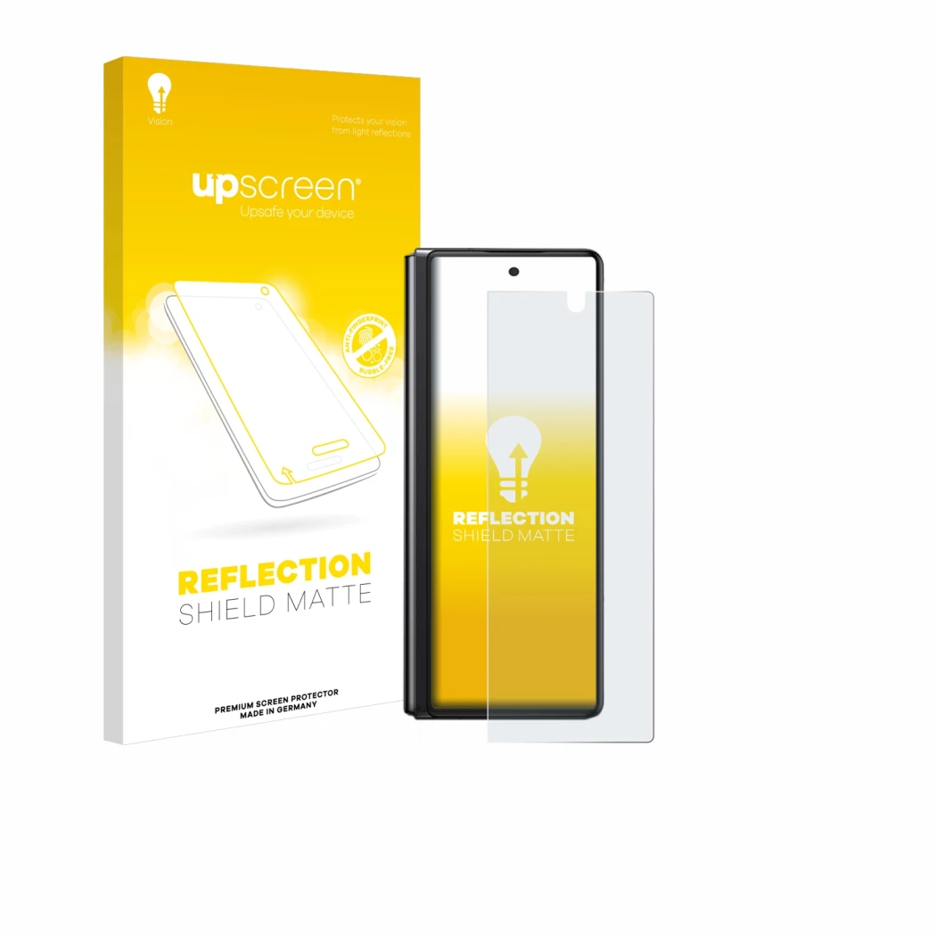 Vorderseite einer Produktverpackung mit dem Markenlogo upscreen. Daneben ist das Gerät Samsung Galaxy Z Fold 2 5G mit dem zuge