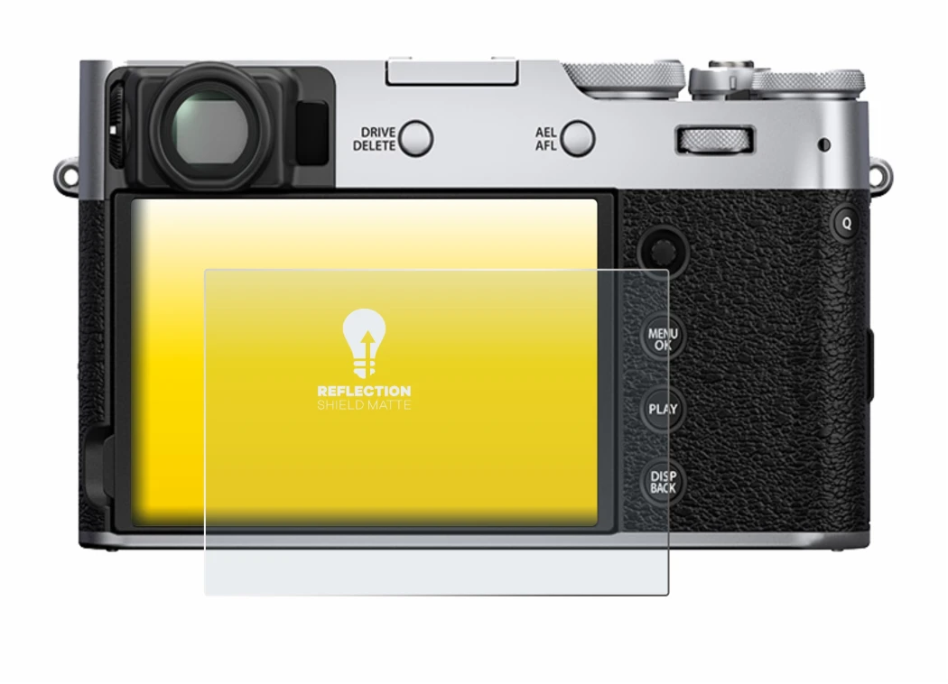 Abbildung des Geräts Fujifilm X100V mit einer Vielzahl des Displayschutzes.