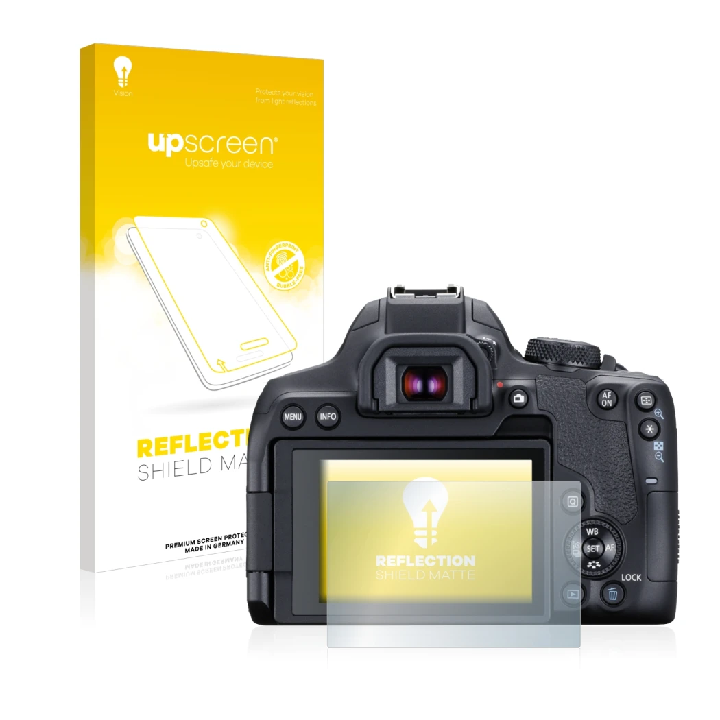 Vorderseite einer Produktverpackung mit dem Markenlogo upscreen. Daneben ist das Gerät Canon EOS 850D mit dem zugehörigen Disp
