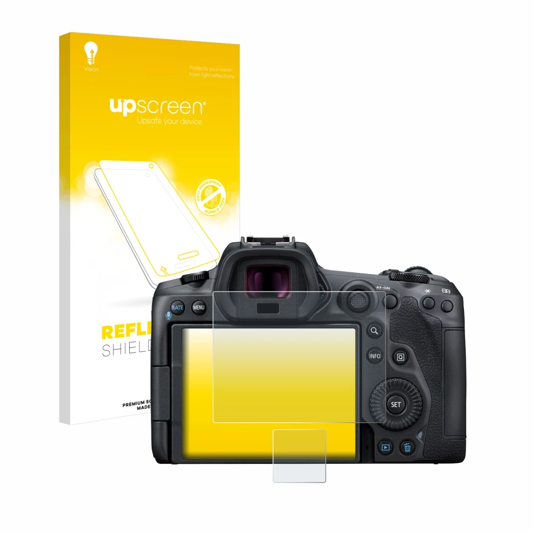 Vorderseite einer Produktverpackung mit dem Markenlogo upscreen. Daneben ist das Gerät Canon EOS R5 mit dem zugehörigen Displa