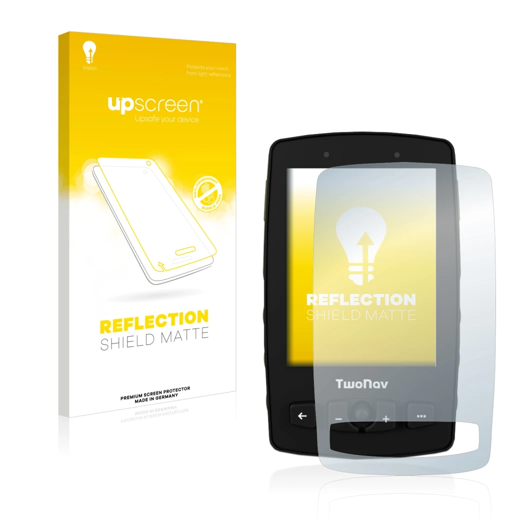 Vorderseite einer Produktverpackung mit dem Markenlogo upscreen. Daneben ist das Gerät TwoNav Aventura 2 mit dem zugehörigen D