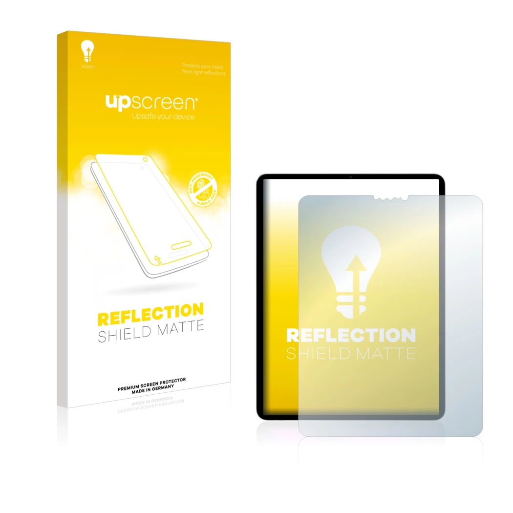 Vorderseite einer Produktverpackung mit dem Markenlogo upscreen. Daneben ist das Gerät Apple iPad Pro 11