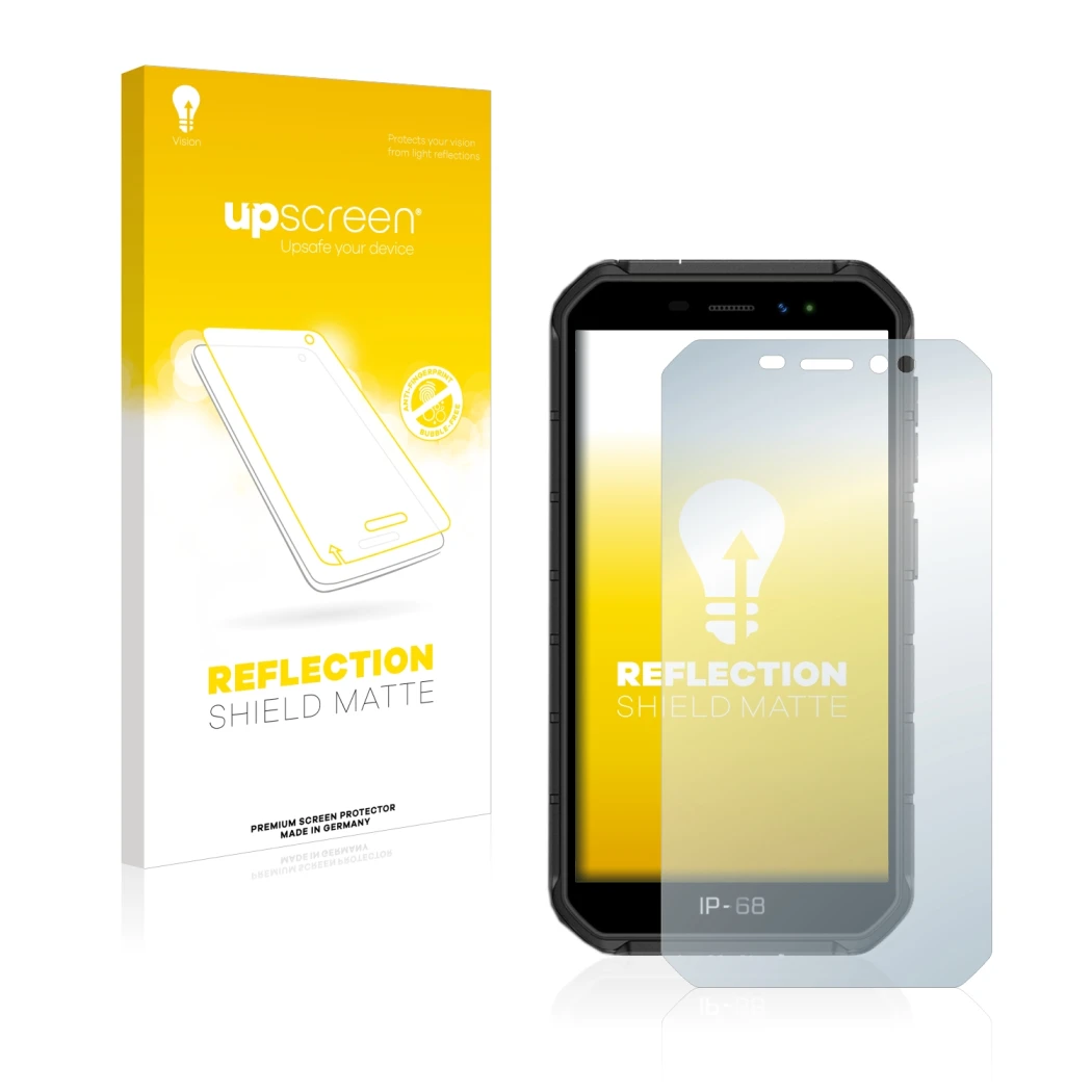 Vorderseite einer Produktverpackung mit dem Markenlogo upscreen. Daneben ist das Gerät Ulefone Armor X7 mit dem zugehörigen Di