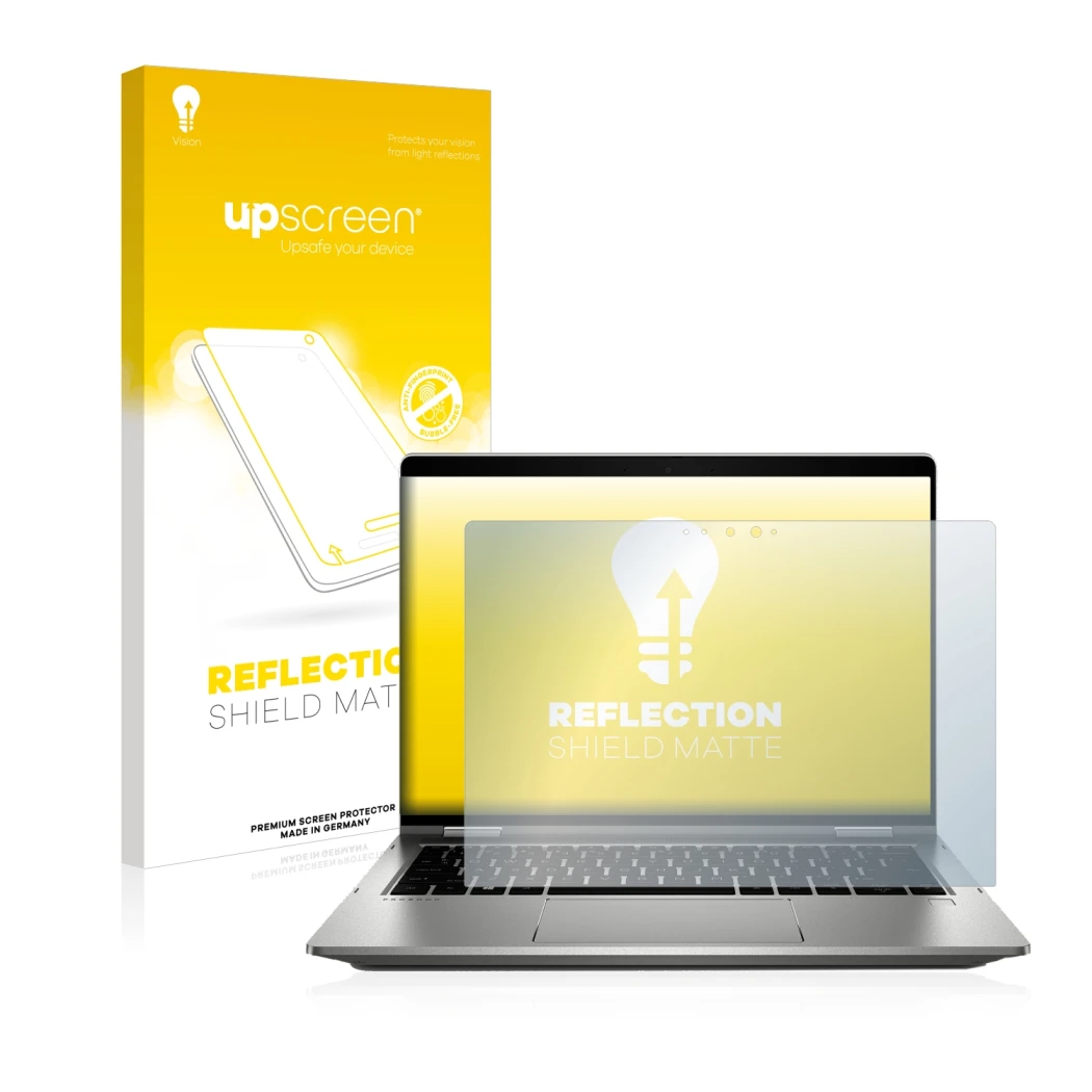 Vorderseite einer Produktverpackung mit dem Markenlogo upscreen. Daneben ist das Gerät HP ProBook x360 435 G7 mit dem zugehöri