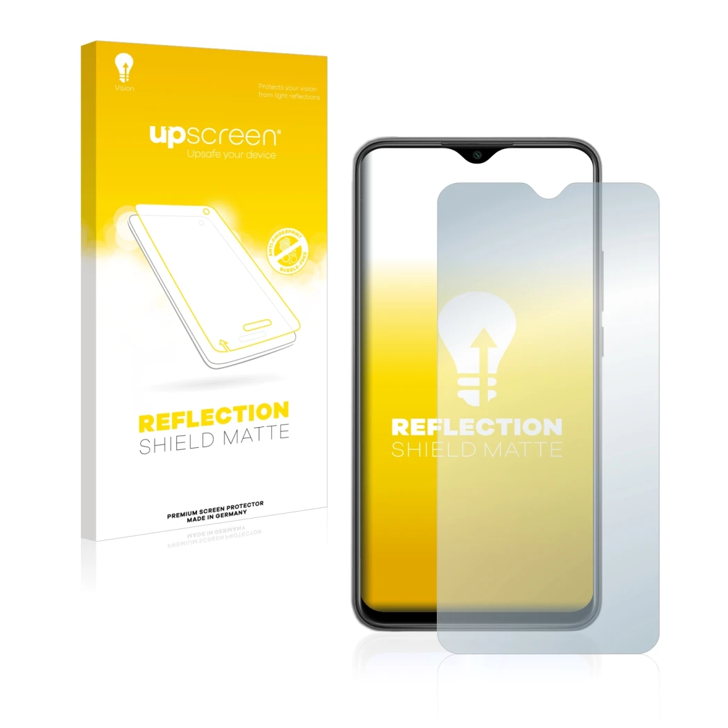 Vorderseite einer Produktverpackung mit dem Markenlogo upscreen. Daneben ist das Gerät Xiaomi Redmi 9 mit dem zugehörigen Disp