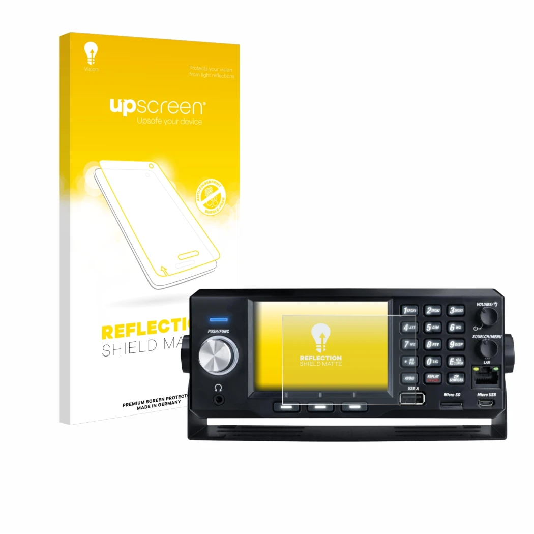 Vorderseite einer Produktverpackung mit dem Markenlogo upscreen. Daneben ist das Gerät Uniden SDS200E mit dem zugehörigen Disp