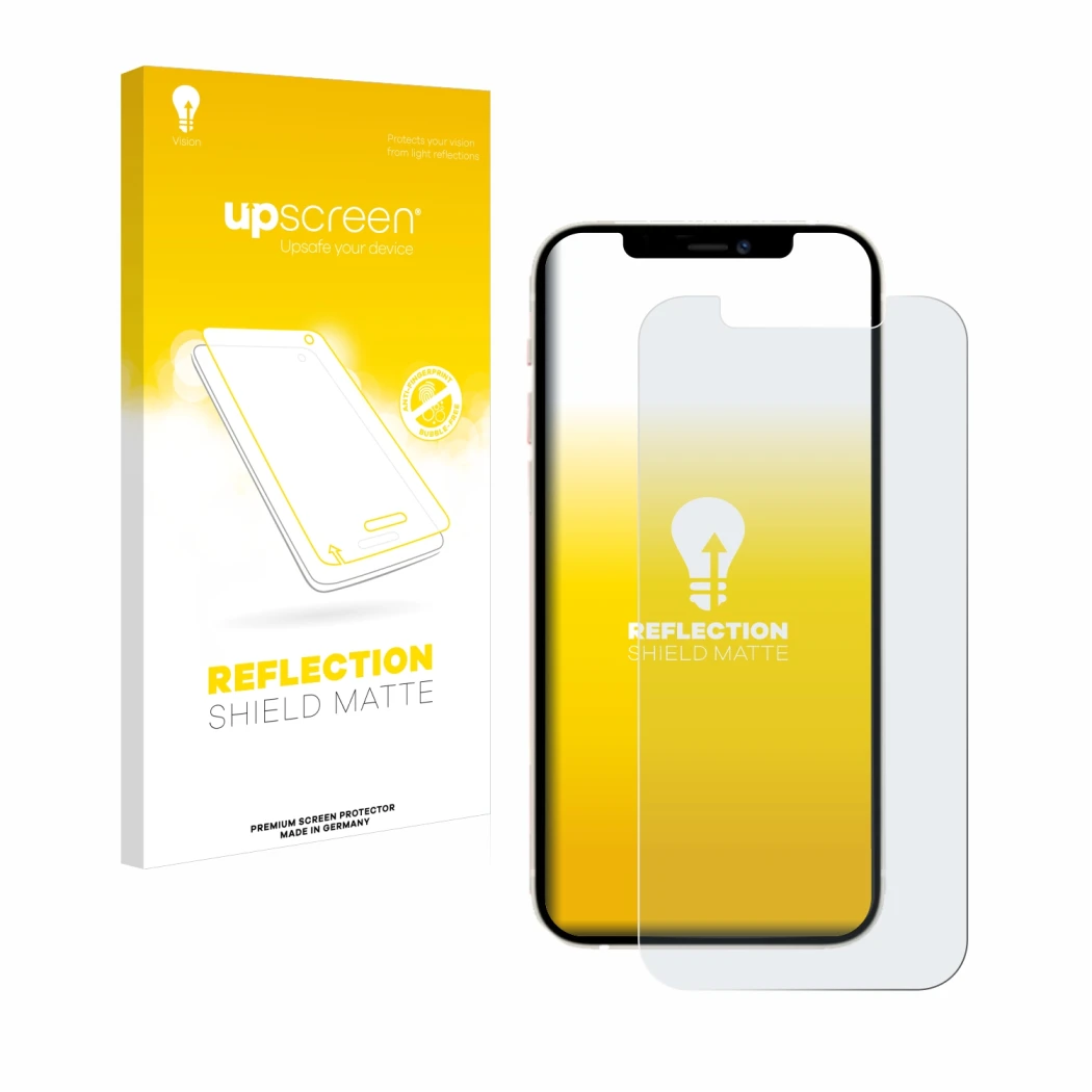 Vorderseite einer Produktverpackung mit dem Markenlogo upscreen. Daneben ist das Gerät Apple iPhone 12 Pro mit dem zugehörigen