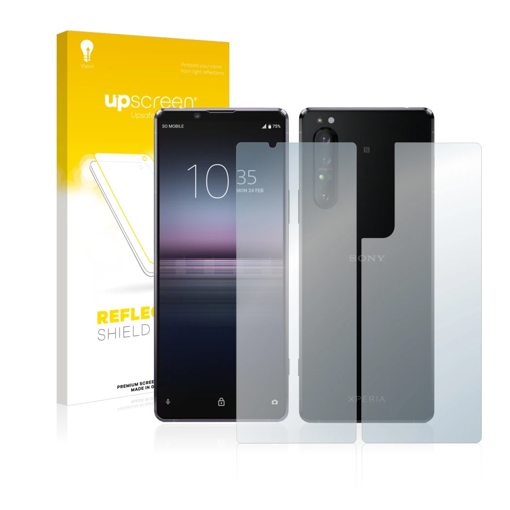 Vorderseite einer Produktverpackung mit dem Markenlogo upscreen. Daneben ist das Gerät Sony Xperia 1 II (Display+Rückseite) mi