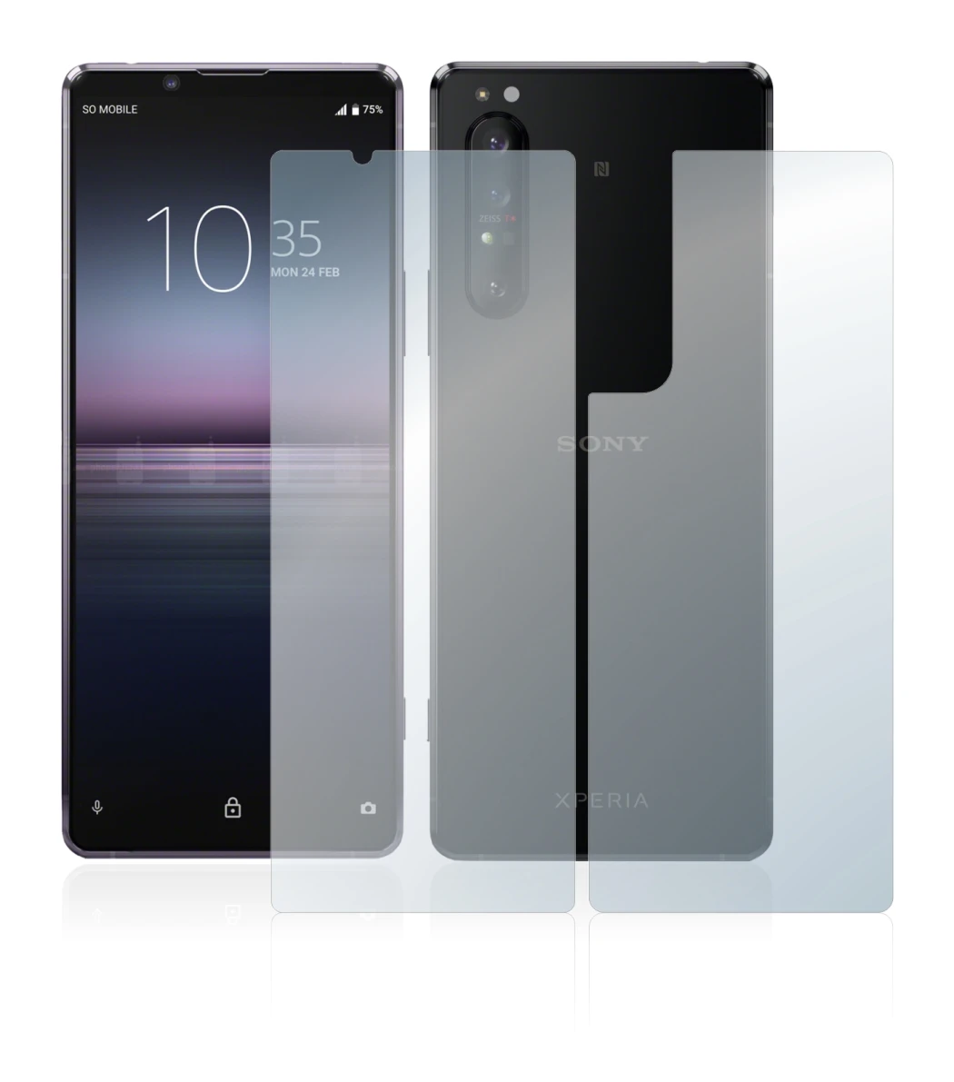 Abbildung des Geräts Sony Xperia 1 II (Display+Rückseite) mit einer Vielzahl des Displayschutzes.