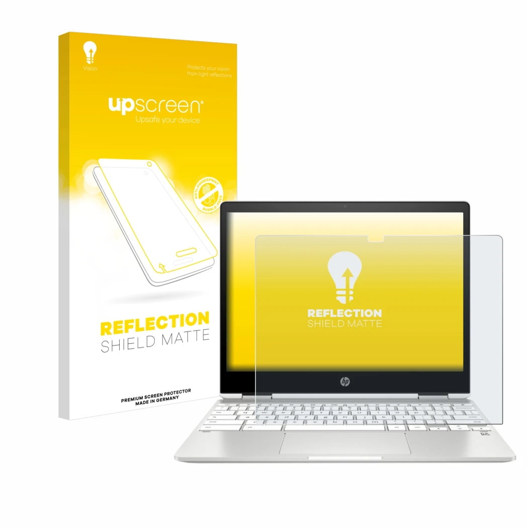 Vorderseite einer Produktverpackung mit dem Markenlogo upscreen. Daneben ist das Gerät HP Chromebook x360 12b-ca0005nf mit dem