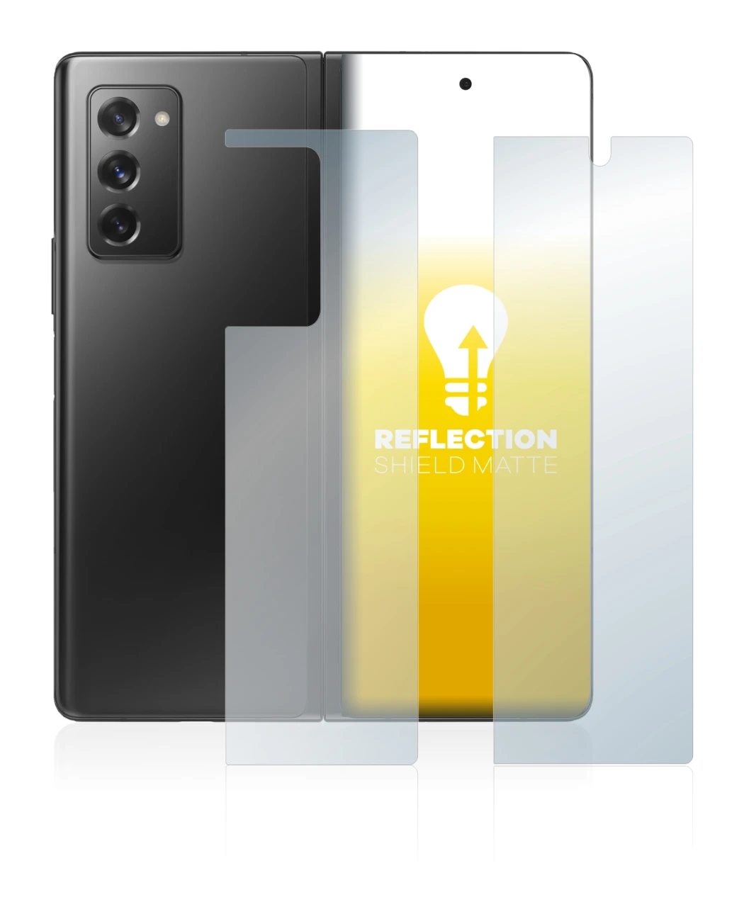 Abbildung des Geräts Samsung Galaxy Z Fold 2 5G (Display+Rückseite) mit einer Vielzahl des Displayschutzes.