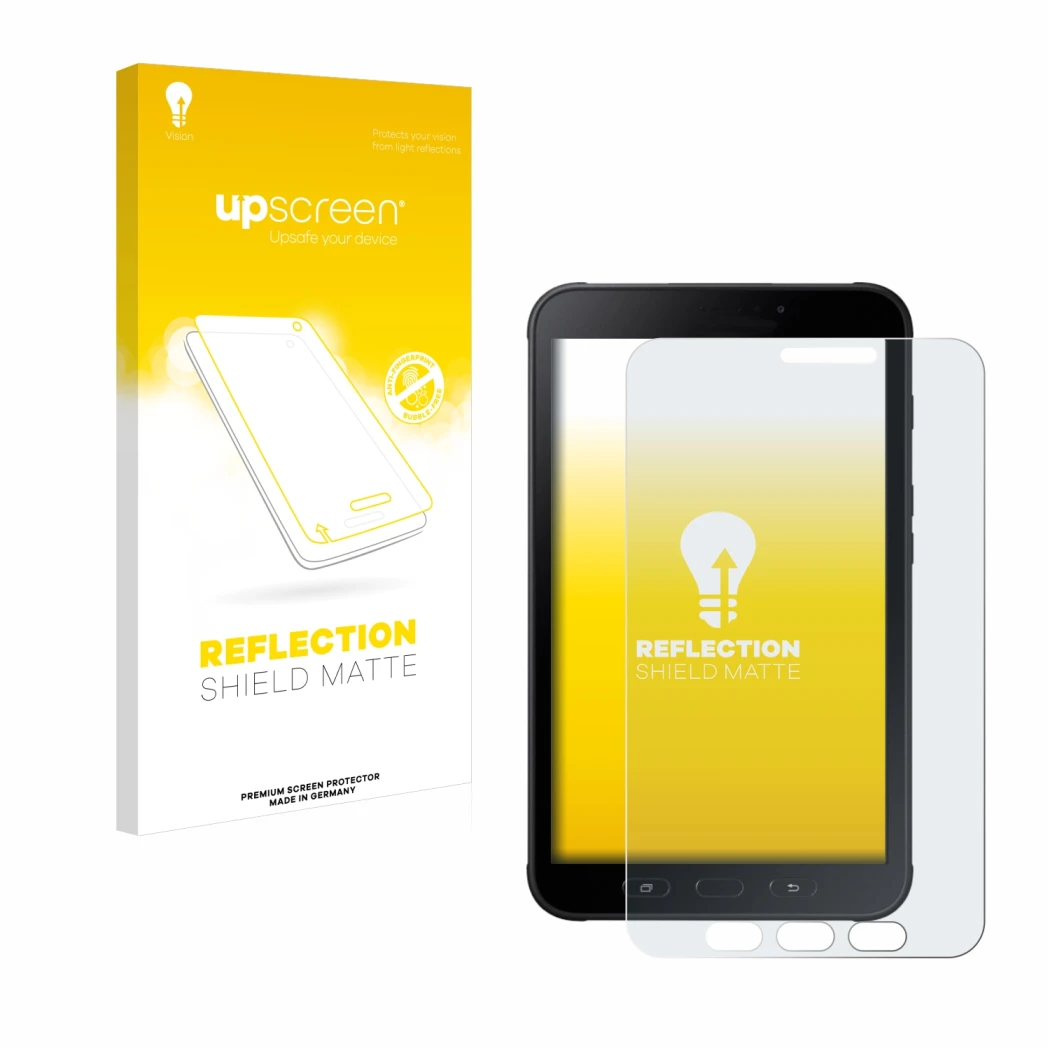 Vorderseite einer Produktverpackung mit dem Markenlogo upscreen. Daneben ist das Gerät Samsung Galaxy Tab Active 2 SM-T395 mit