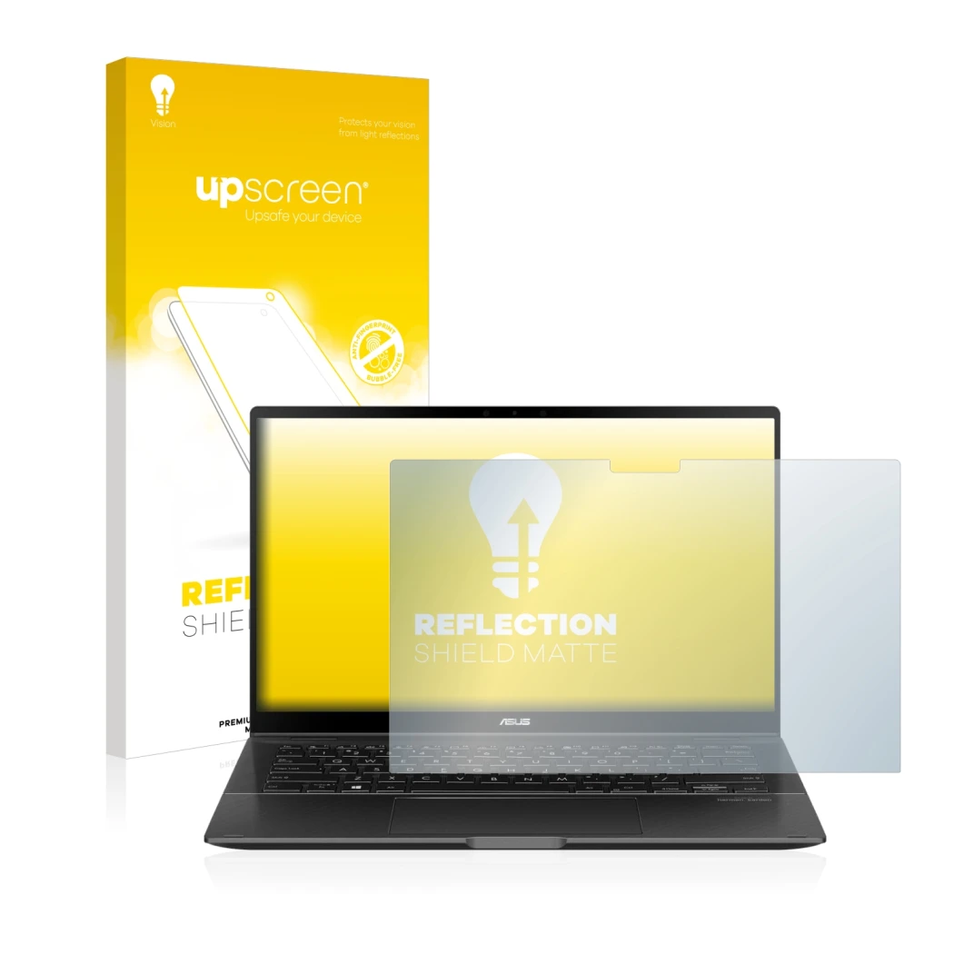 Vorderseite einer Produktverpackung mit dem Markenlogo upscreen. Daneben ist das Gerät ASUS ZenBook Flip 14 UX463FA mit dem zu