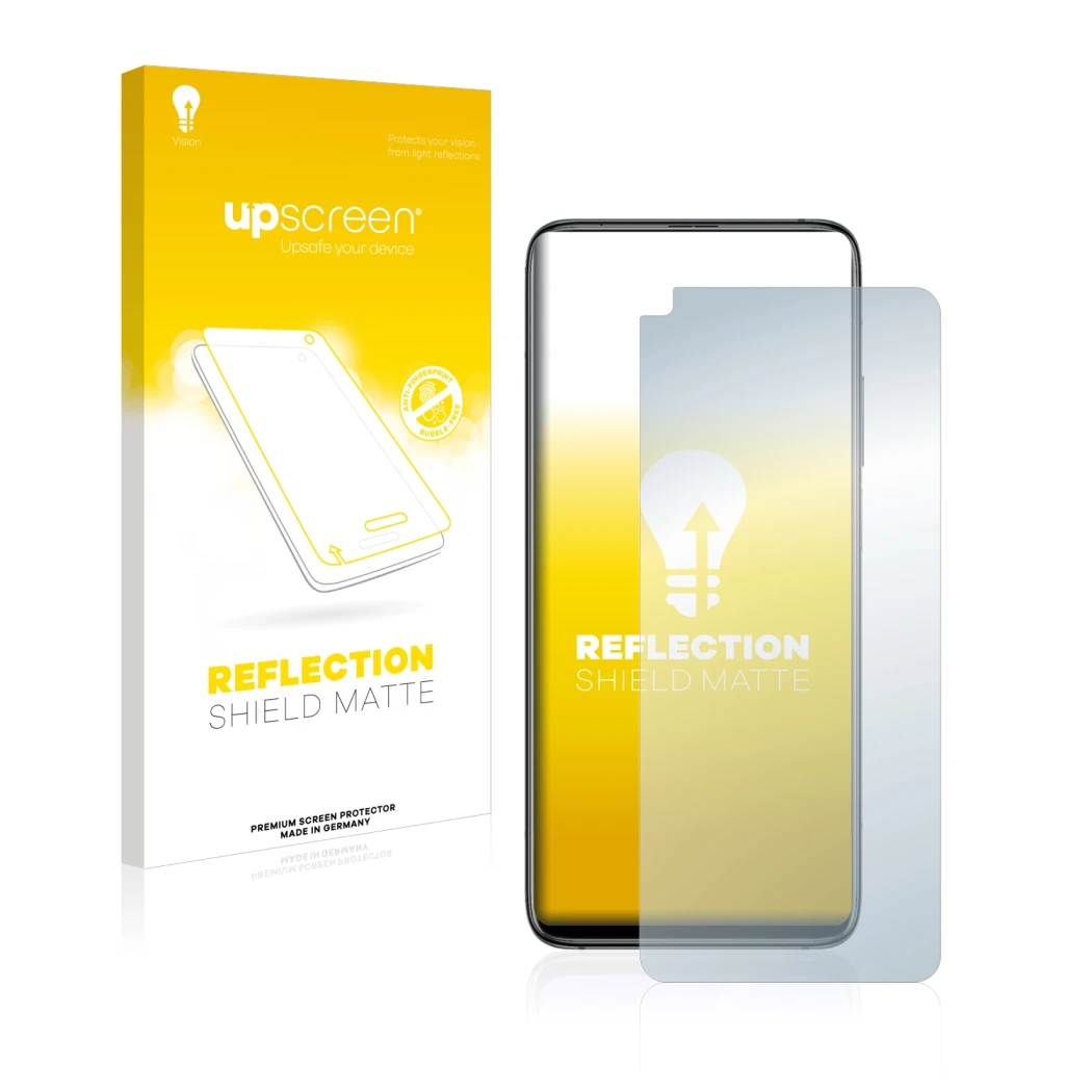 Vorderseite einer Produktverpackung mit dem Markenlogo upscreen. Daneben ist das Gerät Xiaomi Mi 10T mit dem zugehörigen Displ