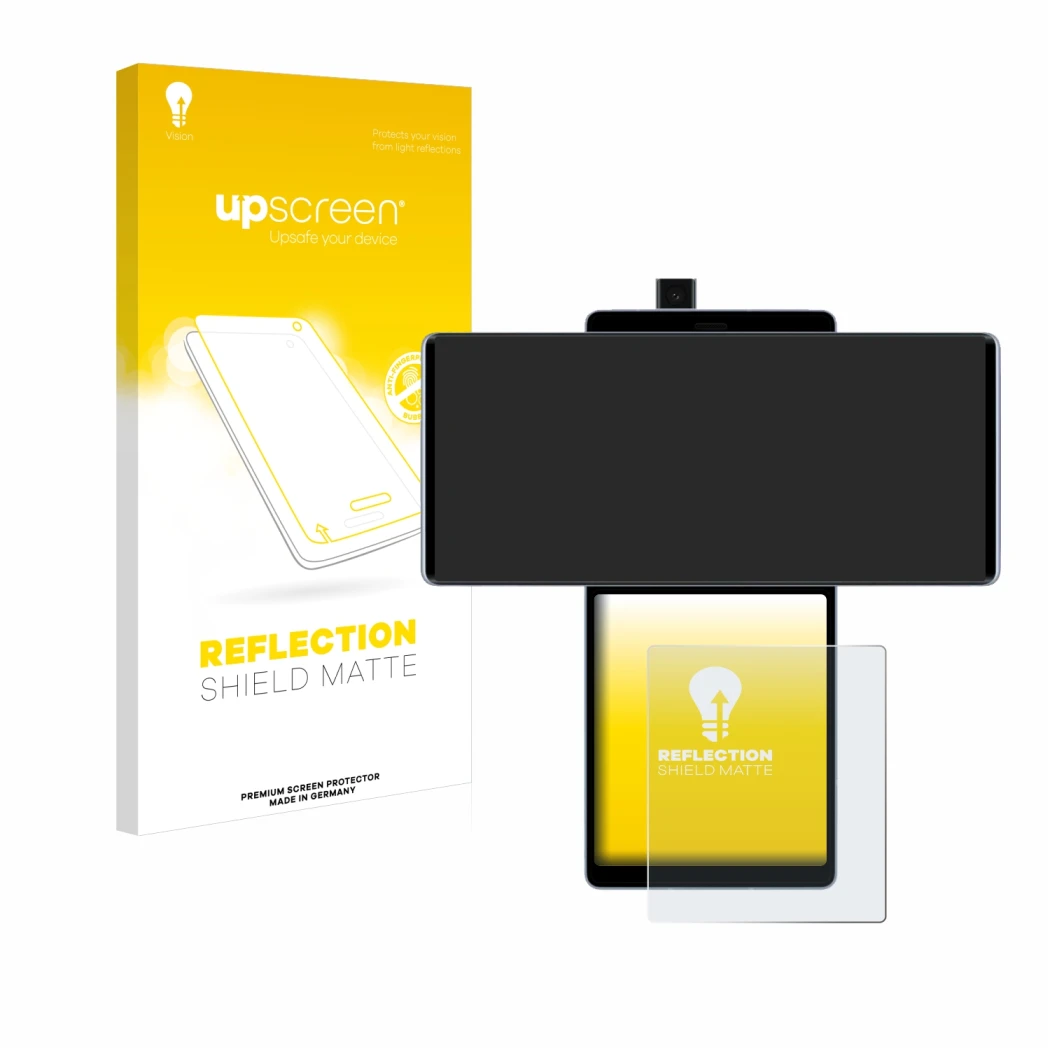 Vorderseite einer Produktverpackung mit dem Markenlogo upscreen. Daneben ist das Gerät LG Wing (Hinteres Display) mit dem zuge