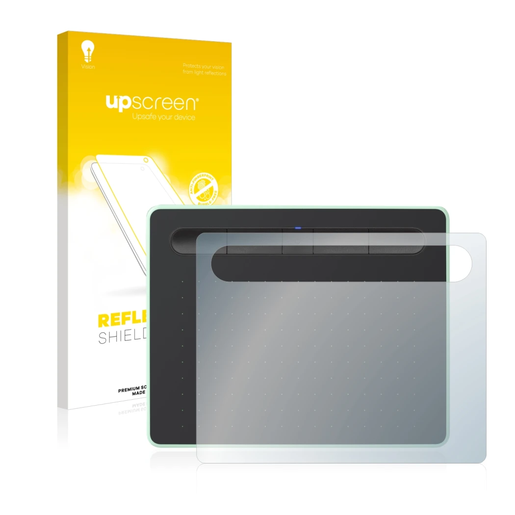 Vorderseite einer Produktverpackung mit dem Markenlogo upscreen. Daneben ist das Gerät Wacom Intuos S Bluetooth mit dem zugehö