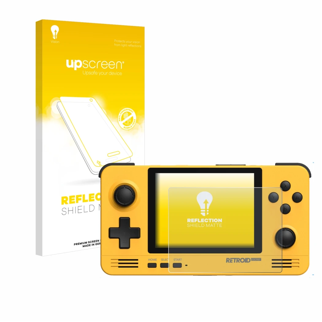 Vorderseite einer Produktverpackung mit dem Markenlogo upscreen. Daneben ist das Gerät Retroid Pocket 2 mit dem zugehörigen Di