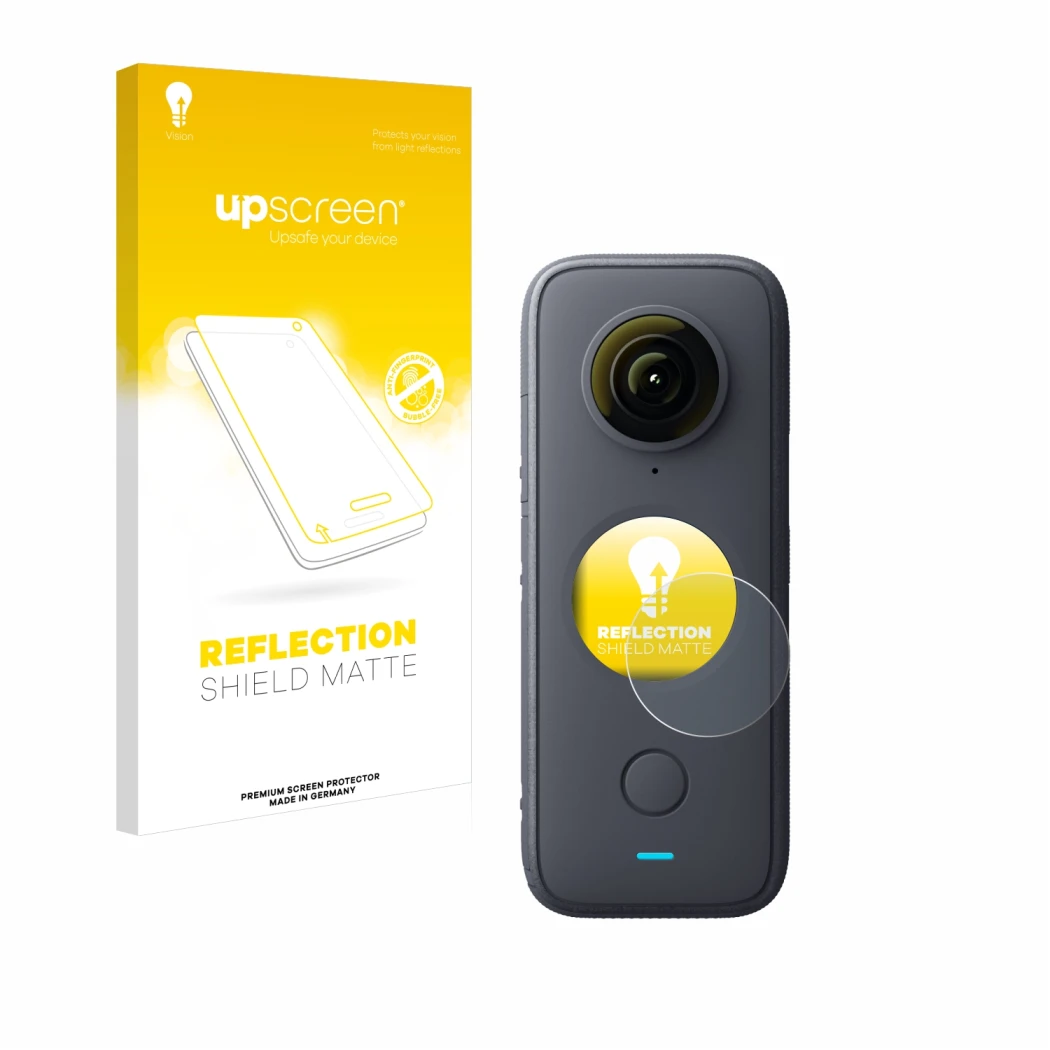 Vorderseite einer Produktverpackung mit dem Markenlogo upscreen. Daneben ist das Gerät Insta360 One X2 mit dem zugehörigen Dis