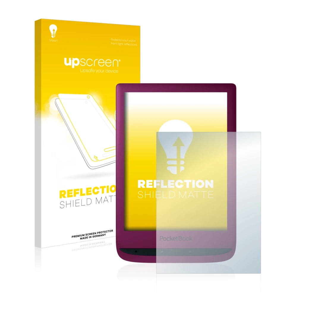 Vorderseite einer Produktverpackung mit dem Markenlogo upscreen. Daneben ist das Gerät PocketBook Touch Lux 5 mit dem zugehöri