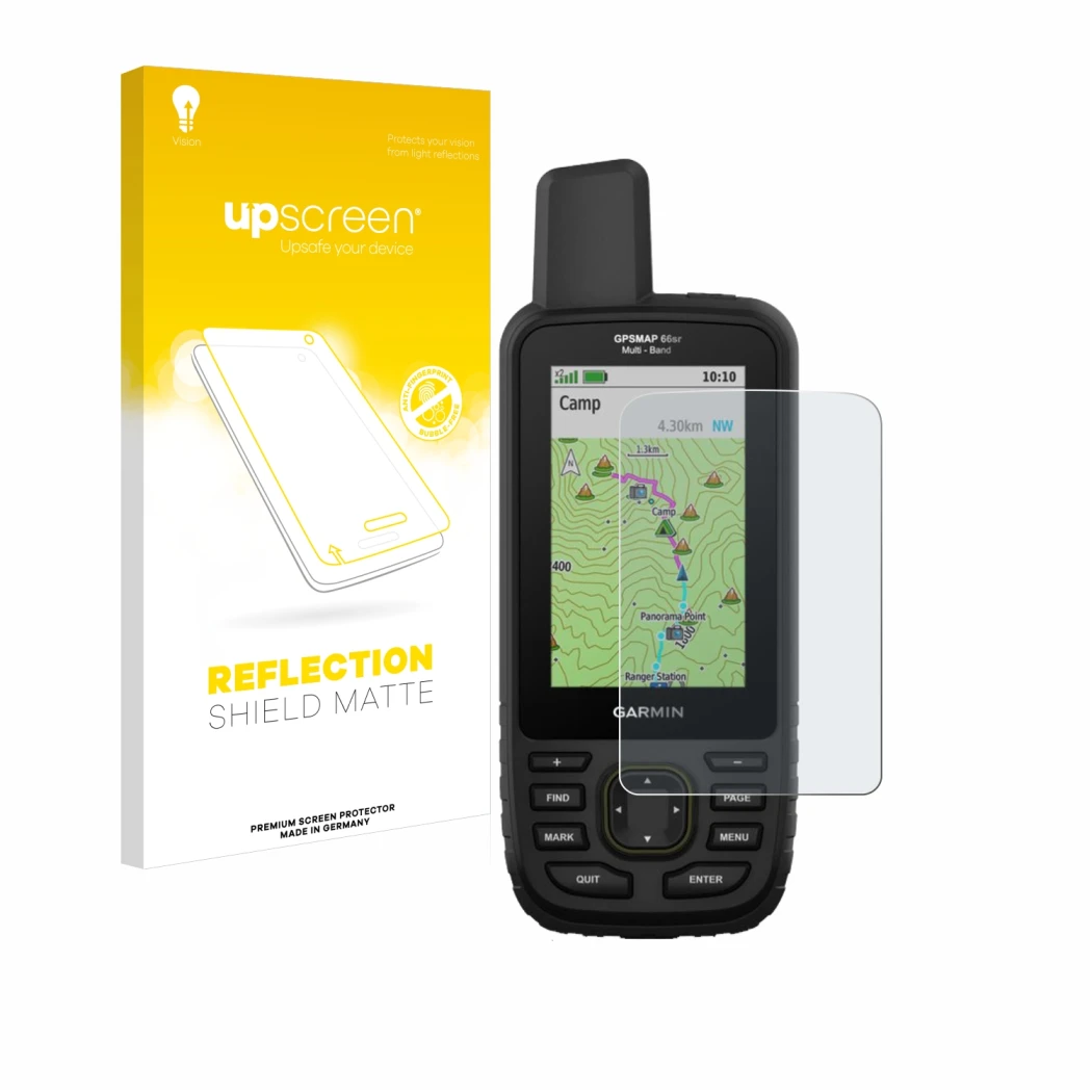 Vorderseite einer Produktverpackung mit dem Markenlogo upscreen. Daneben ist das Gerät Garmin GPSMAP 66sr mit dem zugehörigen 