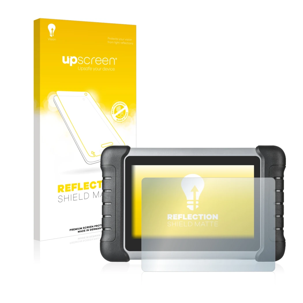 Vorderseite einer Produktverpackung mit dem Markenlogo upscreen. Daneben ist das Gerät Autel MaxiCOM MK808 mit dem zugehörigen