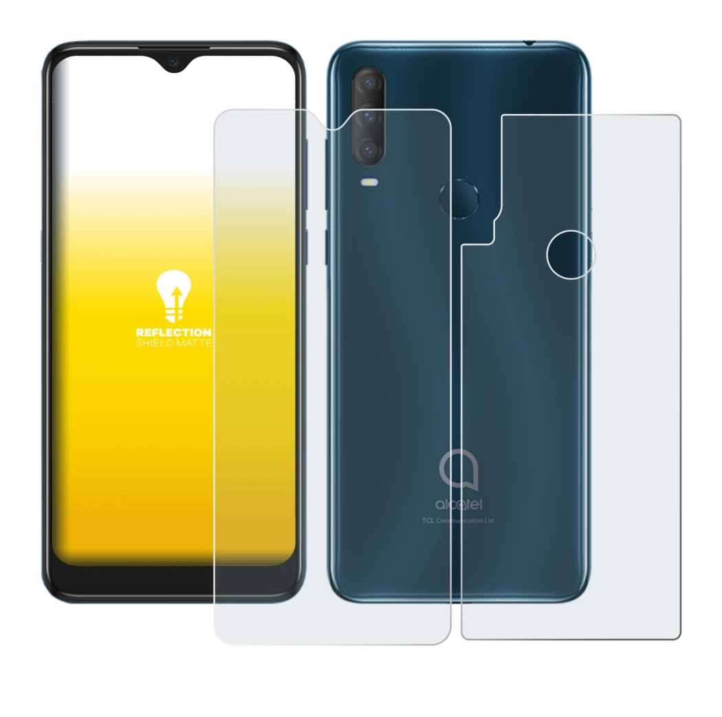 Abbildung des Geräts Alcatel 1S 2020 (Display+Rückseite) mit einer Vielzahl des Displayschutzes.